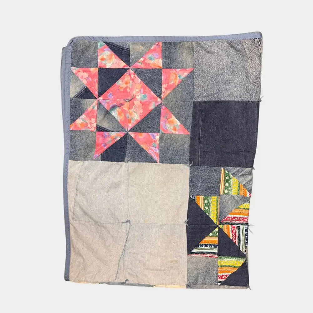 Vtg Handmade Quilt y2k Denim and Cotton 54”x70” Multicolor 8 Pointed Star
